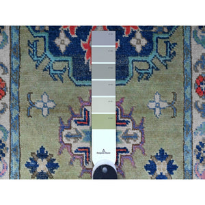 1'9"x3' Sage Green, All Wool With Colorful Caucasian Design, Fusion Kazak, Hand Knotted Mat Oriental Rug FWR536304