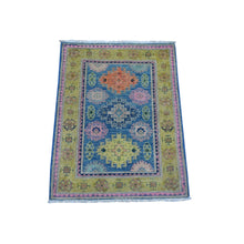 Load image into Gallery viewer, 2&#39;1&quot;x2&#39;6&quot; Medium Sapphire Blue, Vibrant Wool, Hand Knotted Caucasian Design, Fusion Kazak, Oriental Mat Rug FWR536328