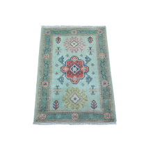 Load image into Gallery viewer, 2&#39;1&quot;x3&#39; Uranian Blue, Caucasian Design Fusion Kazak, Hand Knotted With Soft And Velvety Wool, Mat Oriental Rug FWR536352