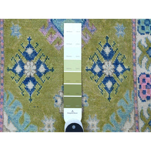 2'x3'2" Fresh Olive Green, Vibrant Wool Hand Knotted, Caucasian Design With Flower Medallions, Bright Fusion Kazak, Mat Oriental Rug FWR536370