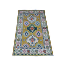 Load image into Gallery viewer, 2&#39;7&quot;x4&#39;4&quot; Dijon Gold, Hand Knotted With Caucasian Design, Velvety Wool, Colorful Fusion Kazak, Oriental Rug FWR536382