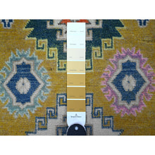 Load image into Gallery viewer, 2&#39;7&quot;x4&#39;4&quot; Dijon Gold, Hand Knotted With Caucasian Design, Velvety Wool, Colorful Fusion Kazak, Oriental Rug FWR536382