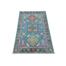 Load image into Gallery viewer, 3&#39;2&quot;x4&#39;10&quot; Air Force Blue, Colorful Caucasian Design, Fusion Kazak, Hand Knotted Natural Wool, Oriental Rug FWR536388