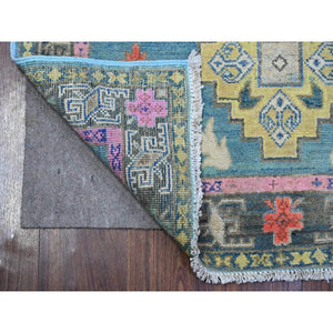 3'2"x4'10" Air Force Blue, Colorful Caucasian Design, Fusion Kazak, Hand Knotted Natural Wool, Oriental Rug FWR536388