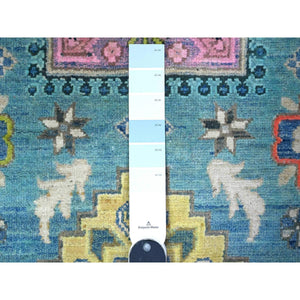 3'2"x4'10" Air Force Blue, Colorful Caucasian Design, Fusion Kazak, Hand Knotted Natural Wool, Oriental Rug FWR536388