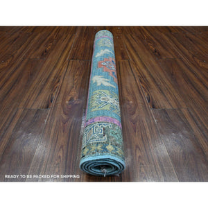 3'2"x4'10" Air Force Blue, Colorful Caucasian Design, Fusion Kazak, Hand Knotted Natural Wool, Oriental Rug FWR536388