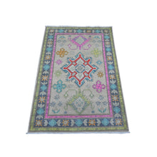 Load image into Gallery viewer, 3&#39;2&quot;x4&#39;8&quot; Silk Gray, Soft And Shiny Wool, Hand Knotted, Caucasian Design, Colorful Fusion Kazak, Oriental Rug FWR536394