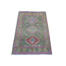 Load image into Gallery viewer, 2&#39;9&quot;x3&#39;10&quot; Terrapin Green, All Natural Wool, Hand Knotted Fusion Kazak, Triple Caucasian Motifs Design, Oriental Rug FWR536412