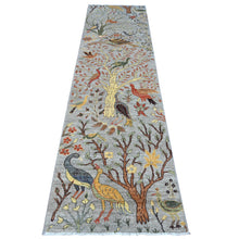 Load image into Gallery viewer, 2&#39;6&quot;x9&#39;6&quot; Pewter Gray, Borderless Birds of Paradise Design, Tree of Life Hand Knotted Afghan Peshawar Pure Wool, Vegetable Dyes, Runner Oriental Rug FWR536490