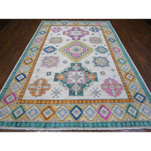 8'3"x11'2" Smoke White, Hand Knotted Organic Wool, Caucasian Elements All Over Design, Fusion Kazak Oriental Rug FWR536502