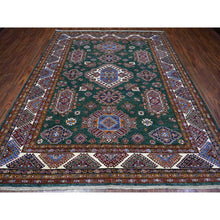 Load image into Gallery viewer, 8&#39;3&quot;x10&#39; Myrtle Green With Pearly White Border, All Over Tribal Elements, All Wool, Hand Knotted Natural Dyes, Afghan Super Kazak Oriental Rug FWR536526