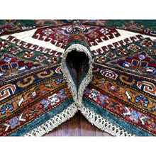 Load image into Gallery viewer, 8&#39;3&quot;x10&#39; Myrtle Green With Pearly White Border, All Over Tribal Elements, All Wool, Hand Knotted Natural Dyes, Afghan Super Kazak Oriental Rug FWR536526