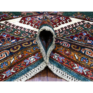 8'3"x10' Myrtle Green With Pearly White Border, All Over Tribal Elements, All Wool, Hand Knotted Natural Dyes, Afghan Super Kazak Oriental Rug FWR536526