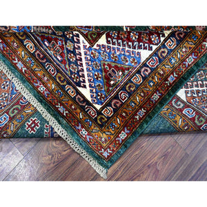 8'3"x10' Myrtle Green With Pearly White Border, All Over Tribal Elements, All Wool, Hand Knotted Natural Dyes, Afghan Super Kazak Oriental Rug FWR536526