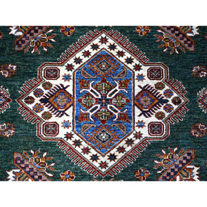 8'3"x10' Myrtle Green With Pearly White Border, All Over Tribal Elements, All Wool, Hand Knotted Natural Dyes, Afghan Super Kazak Oriental Rug FWR536526