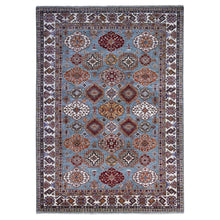 Load image into Gallery viewer, 9&#39;x12&#39;5&quot; Normandy Gray With Ivory Border, Hand Knotted All Over Tribal and Geometric Motifs, Velvety Wool, Natural Dyes, Afghan Super Kazak Oriental Rug FWR536532