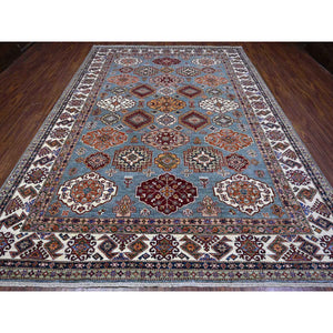 9'x12'5" Normandy Gray With Ivory Border, Hand Knotted All Over Tribal and Geometric Motifs, Velvety Wool, Natural Dyes, Afghan Super Kazak Oriental Rug FWR536532