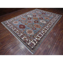 Load image into Gallery viewer, 9&#39;x12&#39;5&quot; Normandy Gray With Ivory Border, Hand Knotted All Over Tribal and Geometric Motifs, Velvety Wool, Natural Dyes, Afghan Super Kazak Oriental Rug FWR536532