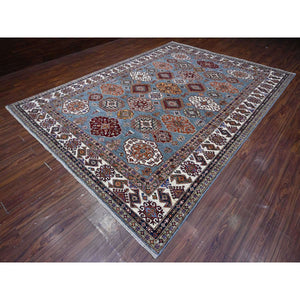 9'x12'5" Normandy Gray With Ivory Border, Hand Knotted All Over Tribal and Geometric Motifs, Velvety Wool, Natural Dyes, Afghan Super Kazak Oriental Rug FWR536532