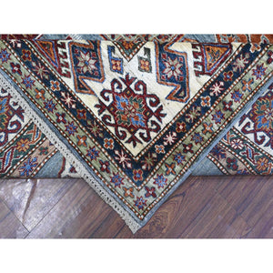 9'x12'5" Normandy Gray With Ivory Border, Hand Knotted All Over Tribal and Geometric Motifs, Velvety Wool, Natural Dyes, Afghan Super Kazak Oriental Rug FWR536532