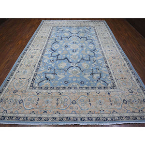 8'7"x12'2" Jeans Blue, Zero Pile, Sheared Low, Shaved Down, Heriz Flower Medallion Design, 100% Wool Hand Knotted, Oriental Rug FWR536538