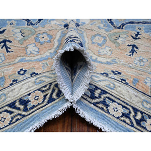 8'7"x12'2" Jeans Blue, Zero Pile, Sheared Low, Shaved Down, Heriz Flower Medallion Design, 100% Wool Hand Knotted, Oriental Rug FWR536538