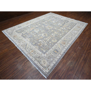 9'1"x11'9" Ice Gray, Densely Woven, All Natural Wool, Fine Peshawar Heriz, Hand Knotted, Sickle Leaf Design, Oriental Rug FWR536544