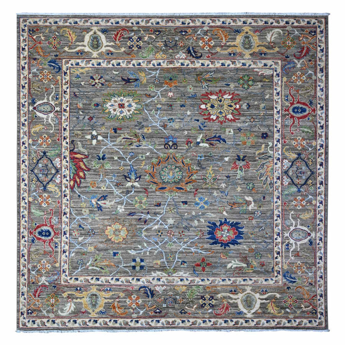 8'x8' Stargazer Gray, Fine Aryana With Ziegler Mahal All Over Colorful Floral Design, Hand Knotted Soft and Vibrant Wool, Vegetable Dyes, Oriental Square Rug FWR536556