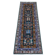 Load image into Gallery viewer, 2&#39;x5&#39;8&quot; Sacramento Green and Royal Blue, Velvety Wool, Natural Dyes, Hand Knotted Willow And Cypress Tree Design, Afghan Angora Oushak, Runner Oriental Rug FWR536622