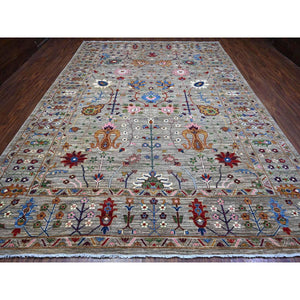 10'x13'8" Storm Gray, Hand Knotted Afghan Sultani All Over Floral Pattern, Soft and Vibrant Wool, Natural Dyes Oriental Rug FWR536682