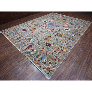 10'x13'8" Storm Gray, Hand Knotted Afghan Sultani All Over Floral Pattern, Soft and Vibrant Wool, Natural Dyes Oriental Rug FWR536682