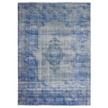 Load image into Gallery viewer, 8&#39;1&quot;x11&#39;5&quot; Chelsea Blue, Distressed Look, Worn Pile, Open Field Design, Velvety Wool, Sides Secured, Hand Knotted Vintage Persian Kerman, Overdyed, Cropped Thin, Oriental Rug FWR536688