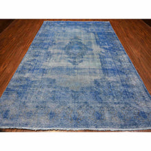 Load image into Gallery viewer, 8&#39;1&quot;x11&#39;5&quot; Chelsea Blue, Distressed Look, Worn Pile, Open Field Design, Velvety Wool, Sides Secured, Hand Knotted Vintage Persian Kerman, Overdyed, Cropped Thin, Oriental Rug FWR536688