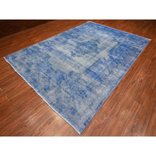 Load image into Gallery viewer, 8&#39;1&quot;x11&#39;5&quot; Chelsea Blue, Distressed Look, Worn Pile, Open Field Design, Velvety Wool, Sides Secured, Hand Knotted Vintage Persian Kerman, Overdyed, Cropped Thin, Oriental Rug FWR536688