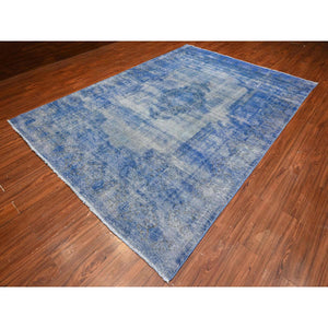 8'1"x11'5" Chelsea Blue, Distressed Look, Worn Pile, Open Field Design, Velvety Wool, Sides Secured, Hand Knotted Vintage Persian Kerman, Overdyed, Cropped Thin, Oriental Rug FWR536688