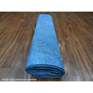 8'1"x11'5" Chelsea Blue, Distressed Look, Worn Pile, Open Field Design, Velvety Wool, Sides Secured, Hand Knotted Vintage Persian Kerman, Overdyed, Cropped Thin, Oriental Rug FWR536688