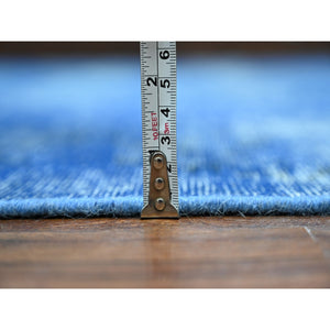 8'1"x11'5" Chelsea Blue, Distressed Look, Worn Pile, Open Field Design, Velvety Wool, Sides Secured, Hand Knotted Vintage Persian Kerman, Overdyed, Cropped Thin, Oriental Rug FWR536688