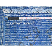 Load image into Gallery viewer, 8&#39;1&quot;x11&#39;5&quot; Chelsea Blue, Distressed Look, Worn Pile, Open Field Design, Velvety Wool, Sides Secured, Hand Knotted Vintage Persian Kerman, Overdyed, Cropped Thin, Oriental Rug FWR536688