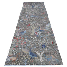 Load image into Gallery viewer, 4&#39;x11&#39;10&quot; Storm Gray, Vegetable Dyes 100% Wool, Hand Knotted Afghan Peshawar with Birds of Paradise, Wide Runner Oriental Rug FWR536748