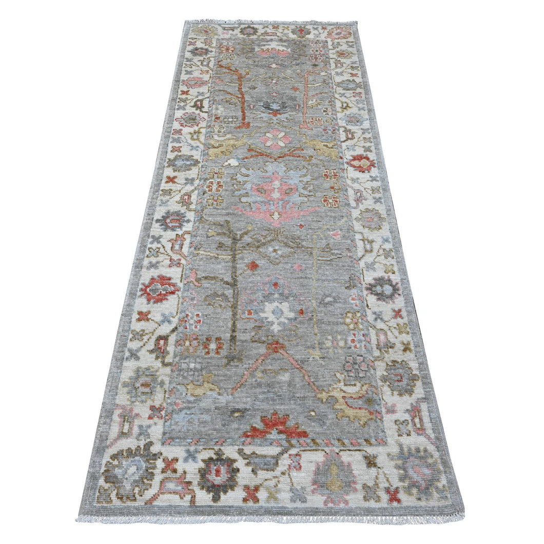 3'x8' Spanish Gray, Vegetable Dyes With Soft Wool Weft, Hand Knotted Angora Oushak, Vibrant And Colorful Rural All Over Motifs Design, Afghan Runner Oriental Rug FWR536760