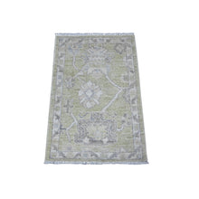 Load image into Gallery viewer, 2&#39;x3&#39; Sage Green, Afghan Mat, Vegetable Dyes, Hand Knotted Angora Oushak, Soft Wool Weft, Rural Floral Motifs All Over Design, Oriental Rug FWR536808