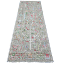 Load image into Gallery viewer, 3&#39;x8&#39;1&quot; Camouflage Green, Runner Angora Oushak, Wool Foundation, Hand Knotted, Willow And Cypress Tree Design, Vegetable Dyes, Oriental Rug FWR536820