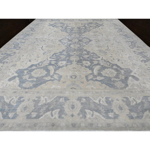 18'6"x24'2" Paper White and Pram Blue, Washed Out Peshawar, Hand Knotted 17th Century Polonaise Design, 100% Wool, XL Size Oriental Rug FWR536868