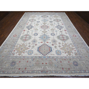 9'10"x13'10" Smoke White, All Wool, Karajeh Design With All Over Geometric Motifs, Hand Knotted, Natural Dyes, Oriental Rug FWR536952