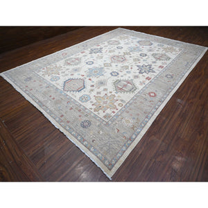 9'10"x13'10" Smoke White, All Wool, Karajeh Design With All Over Geometric Motifs, Hand Knotted, Natural Dyes, Oriental Rug FWR536952