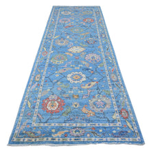 Load image into Gallery viewer, 4&#39;2&quot;x12&#39; Carolina Blue, Soft Wool Foundation, Hand Knotted, Vegetable Dyes, All Over Tribal Flower And Leaf Design, Afghan Angora Oushak, Wide Runner Oriental Rug FWR537042