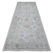 Load image into Gallery viewer, 4&#39;x10&#39; Bone Gray, Soft Pile, Natural Dyes, Hand Knotted Angora Oushak, Afghan Wool Weft, Rural Floral Motifs All Over Pattern, Wide Runner, Oriental Rug FWR537048