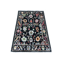 Load image into Gallery viewer, 3&#39;3&quot;x4&#39;10&quot; Night Black, Natural Dyes, Wool Weft, Colorful And Vibrant Tribal Flower Design, Hand Knotted, Afghan Angora Oushak, Oriental Rug FWR537096