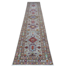 Load image into Gallery viewer, 9&#39;x12&#39;5&quot; Normandy Gray With Ivory Border, Hand Knotted All Over Tribal and Geometric Motifs, Velvety Wool, Natural Dyes, Afghan Super Kazak Oriental Rug FWR537360