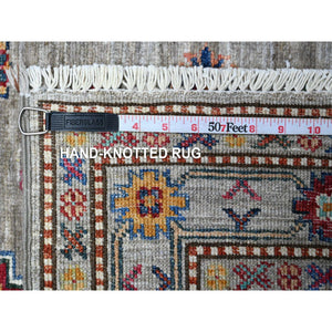 9'x12'5" Normandy Gray With Ivory Border, Hand Knotted All Over Tribal and Geometric Motifs, Velvety Wool, Natural Dyes, Afghan Super Kazak Oriental Rug FWR537360